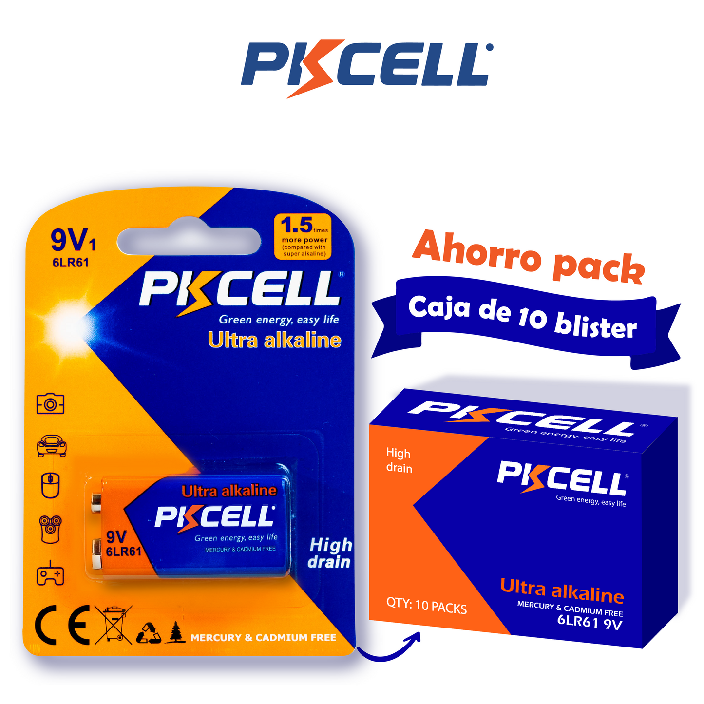 PKcell caja de 10 baterías Ultra Alcalina 9V