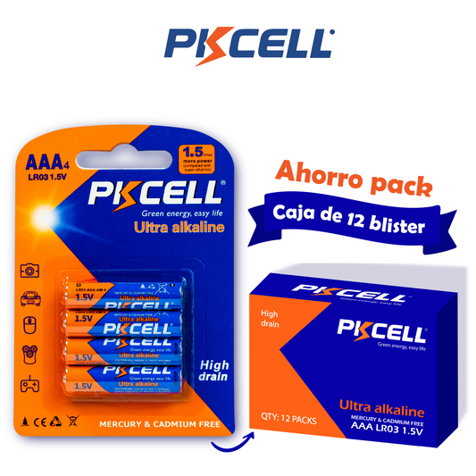 PKcell caja de 48 baterías AAA 1.5V Ultra Alcalina (4 piezas)