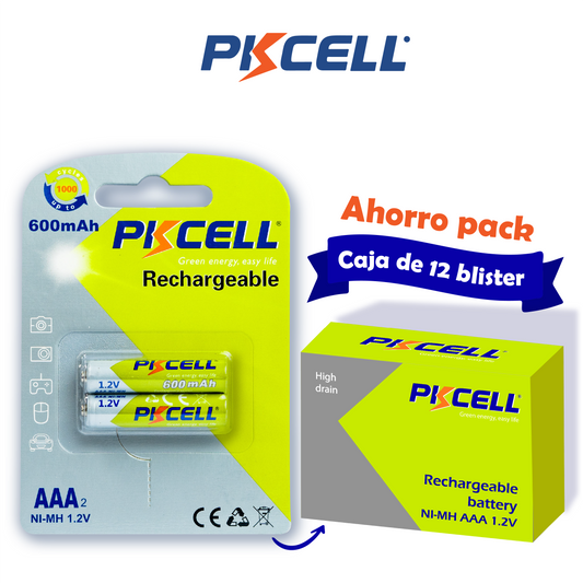 PKcell Caja de 24 baterías AAA recargables 1.2V 600mA NI-MH  (2 piezas)