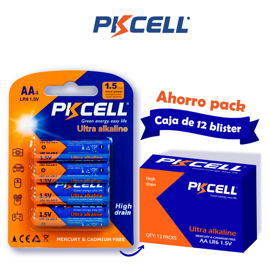 PKcell caja de 48 baterías AA 1.5V Ultra Alcalina (4 piezas)