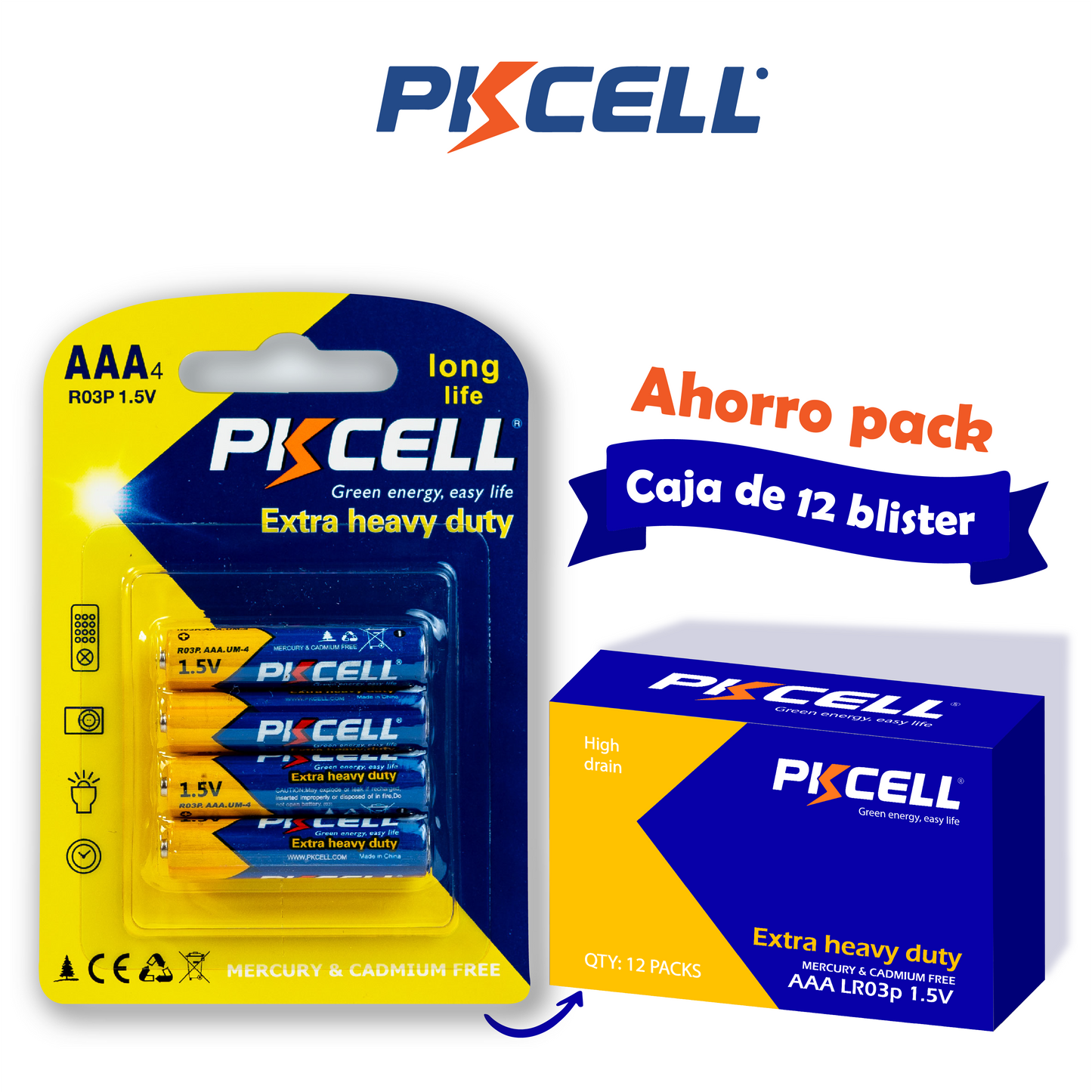 PKcell Caja de 48 baterías AAA 1.5V (4 piezas)