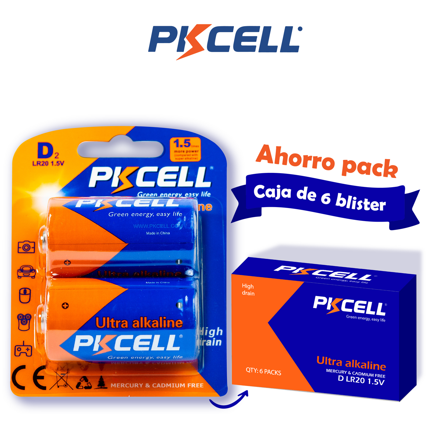 PKcell caja de 12 baterías alcalinas 1.5V tipo D LR20 (2 piezas)
